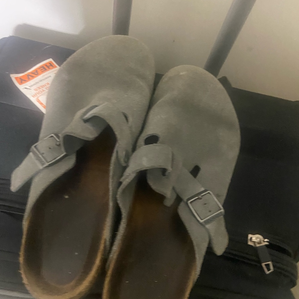 Gray Suede Buckle Slip-Ons